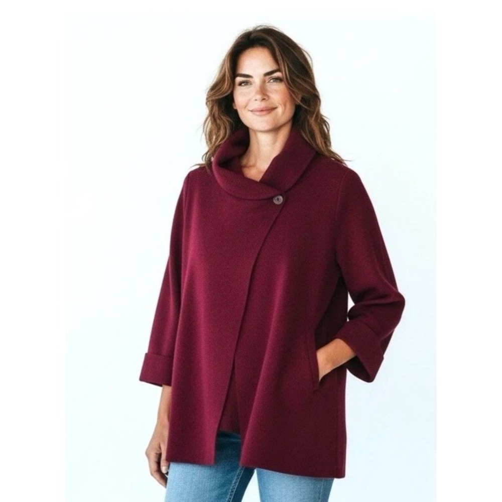 Adrienne Vittadini 100% Cashmere Shawl‎ Collar Swing Burgundy Cardigan Sz XS